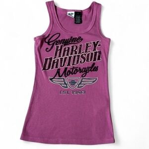 Y2K Harley Davidson Womens Ribbed Graphic Tank Top Pink Magenta Sleeveless
